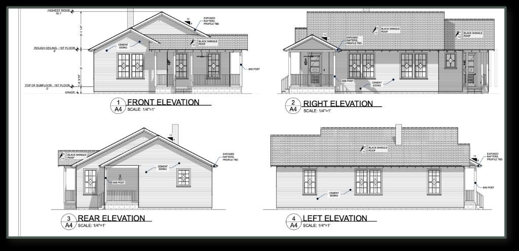 Line drawings of front, side and rear elevations for a mill-style house plan.