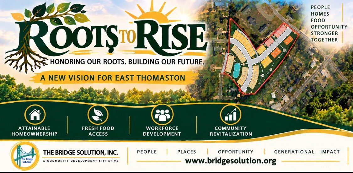The Roots to Rise project sign. It reads Roots to Rise, Honoring Our Roots. Building Our Future. A New Vision for East Thomaston, beside an aerial view of the planned neighborhood. A green band lists Attainable Homeownership, Fresh Food Access, Workforce Development and Community Revitalization. The footer shows The Bridge Solution, Inc. logo, A Community Development Initiative, and www.bridgesolution.org.